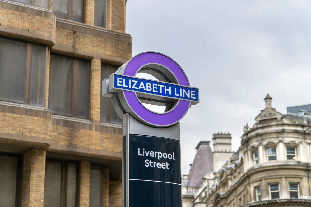 Elizabeth Line sign outside Liverpool Street station