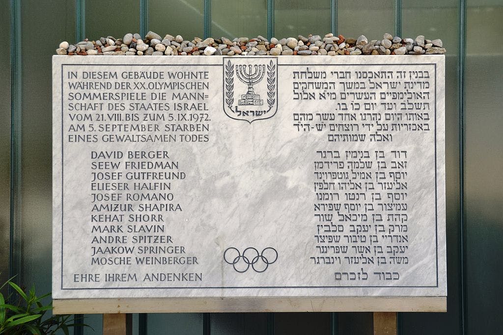 Plaque in front of the Israeli athletes' quarters commemorating the victims of the Munich massacre.