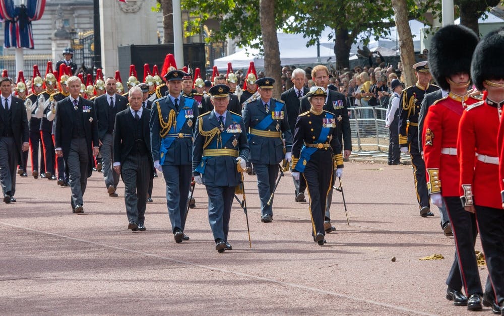 King Charles, Princess Royal, Prince of Wales, Duke of Sussex and others walk along the Mall behind the coffin of Queen Elizabeth II
