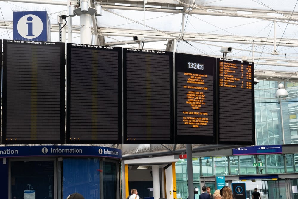 Empty train times board at Manchester Picadilly Station