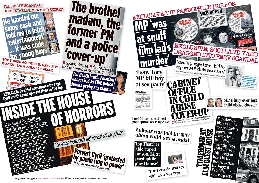 Collection of newspaper headlines related to the IICSA report on allegations of child sexual abuse linked to Westminster