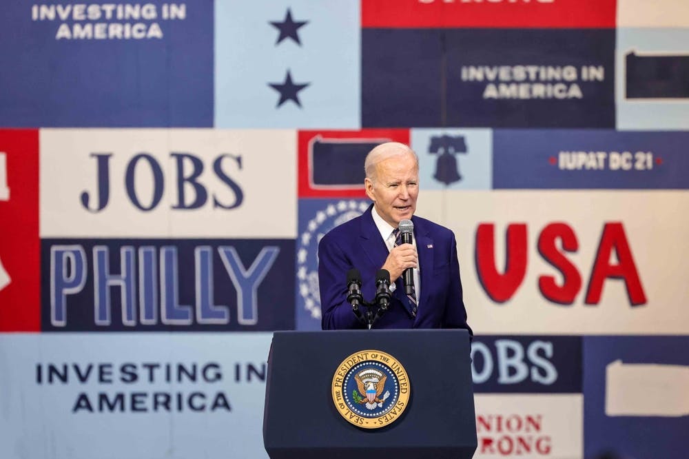 Joe Biden stands at a podium in Philadelphia