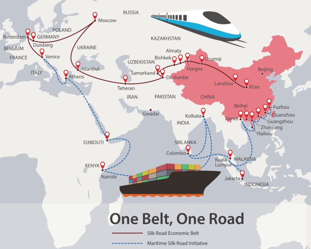 One Belt, One Road map showing trade routes and investment initiatives