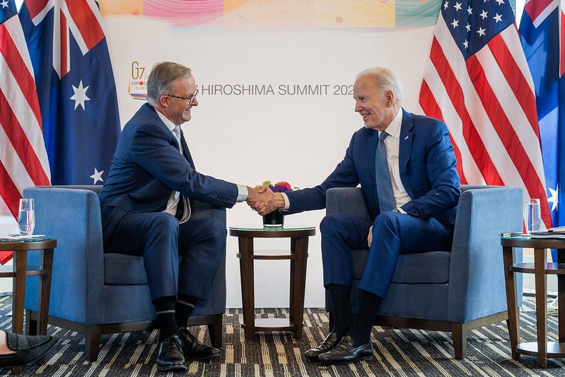 Joe Biden and Antony Albanese shake hands at the G7 summit