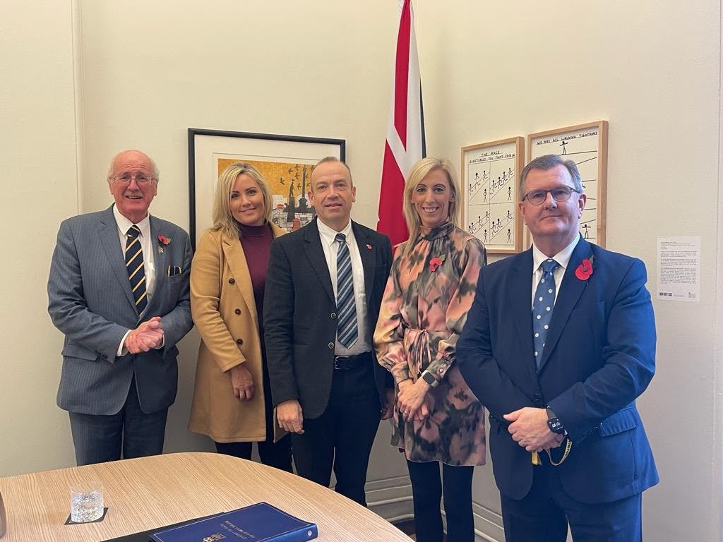 Chris Heaton-Harris stands with DUP representstatives Jim Shannon, Diane Forsythe, Carla Lockhar and Jeffrey Donaldson