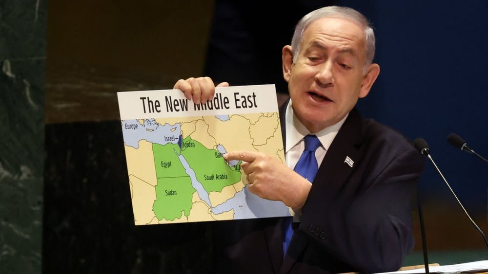 Benjamin Netanyahu addresses the UNGA holding a map titled The New Middle East