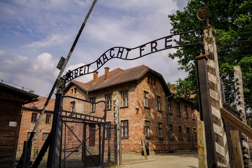 The gate at Auschwitz, reading Arbeit Mach Frei
